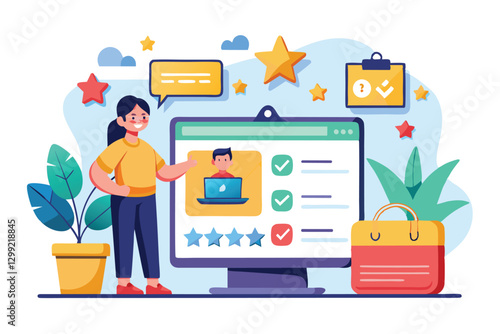 A woman showcases a customizable online review template with digital ratings and feedback options, Online review Customizable Semi Flat Illustration