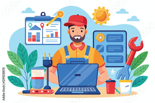 A repairman engages with digital tools on a laptop to coordinate service tasks and projects, online service concept of serviceman repairman technician
