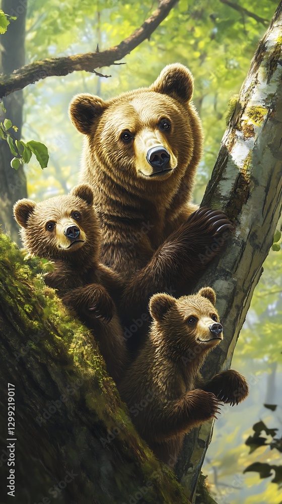 Obraz premium Cute baby bears with mother on tree image