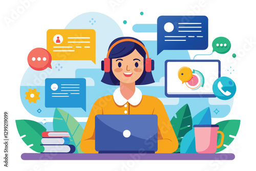 A customer support agent uses a laptop to manage online service inquiries while engaged with people, online service management or customer support via chat
