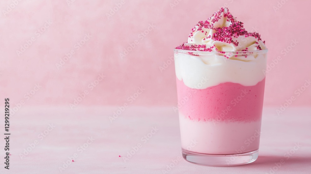 Pink layered dessert glass with whipped cream and sprinkles on pastel background Pink layered dessert glass with whipped cream and sprinkles on pastel background