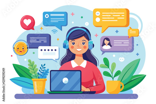 A customer support representative interacts with clients online, surrounded by plants and colorful chat bubbles, online service or customer support chat