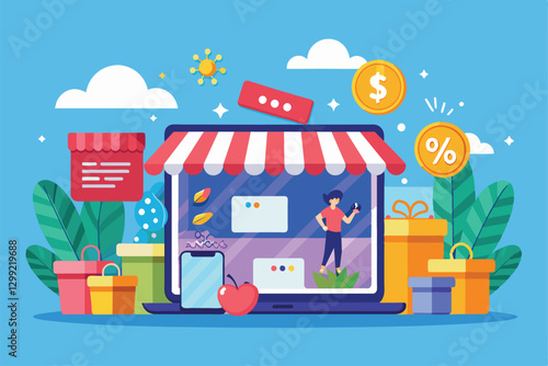 A vibrant online shop displays attractive sales and discounts, engaging customers with colorful offers and gifts, Online shop big sale concept