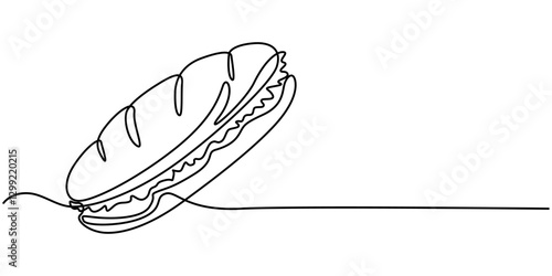 One continuous line drawing of fresh delicious American sandwich restaurant, Single continuous line drawing several layers of grilled cheese sandwich with melted cheese on a cutting board.