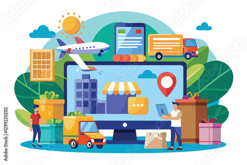 Individuals engage in online shopping while transportation vehicles gather outside, connecting goods with customers, Online shopping and transportation of goods,