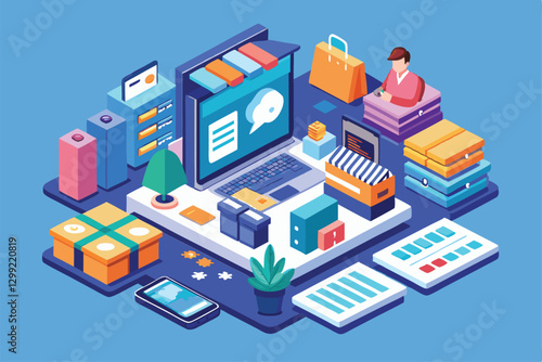 This illustration showcases a lively online shopping environment with customizable features and products, Online shopping Customizable Isometric Illustration