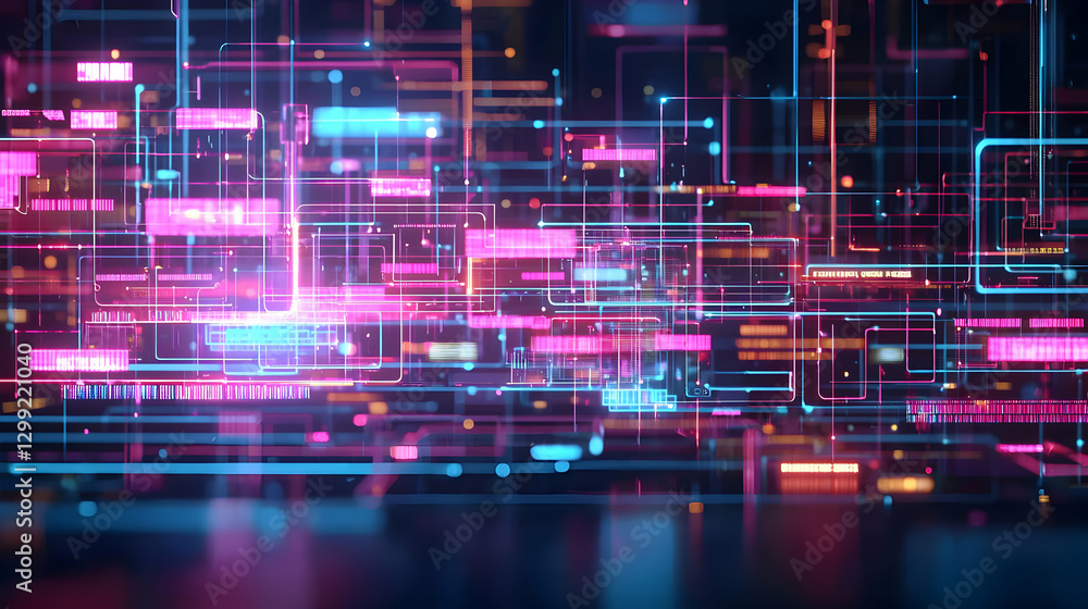 Fototapeta premium Abstract Digital Network with Blue and Pink Circuit Lines Illuminating a Technological System
