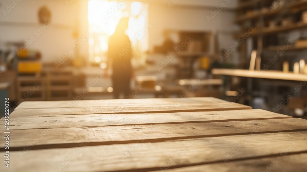 Sunlit workshop with wooden table in focus Sunlit workshop with wooden table in focus