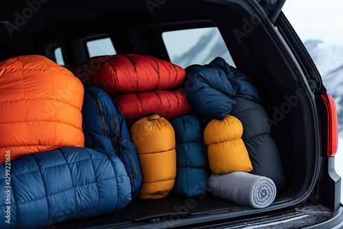 Colorful sleeping bags stored in the back of an SUV before a winter camping trip photo