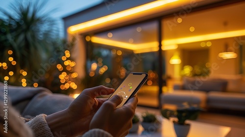 A person using a smartphone to control smart home devices in evening indoor scene