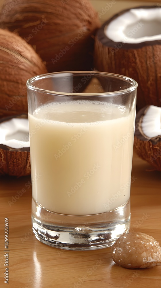 Refreshing Coconut Milk Drink in Glass with Coconuts Refreshing Coconut Milk Drink in Glass with Coconuts