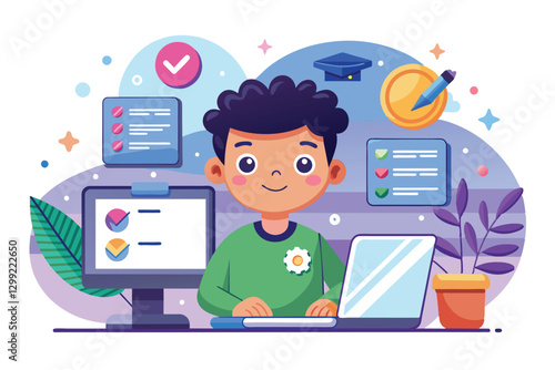 A cheerful child engages with a laptop for an online test while surrounded by educational symbols, Online test Customizable Cartoon Illustration