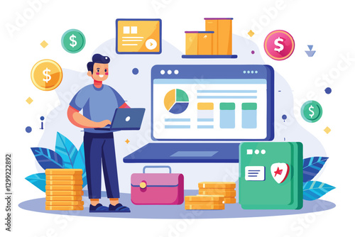 A person is using a laptop to oversee customizable online transactions with various financial visuals, Online transactions Customizable Semi Flat Illustration