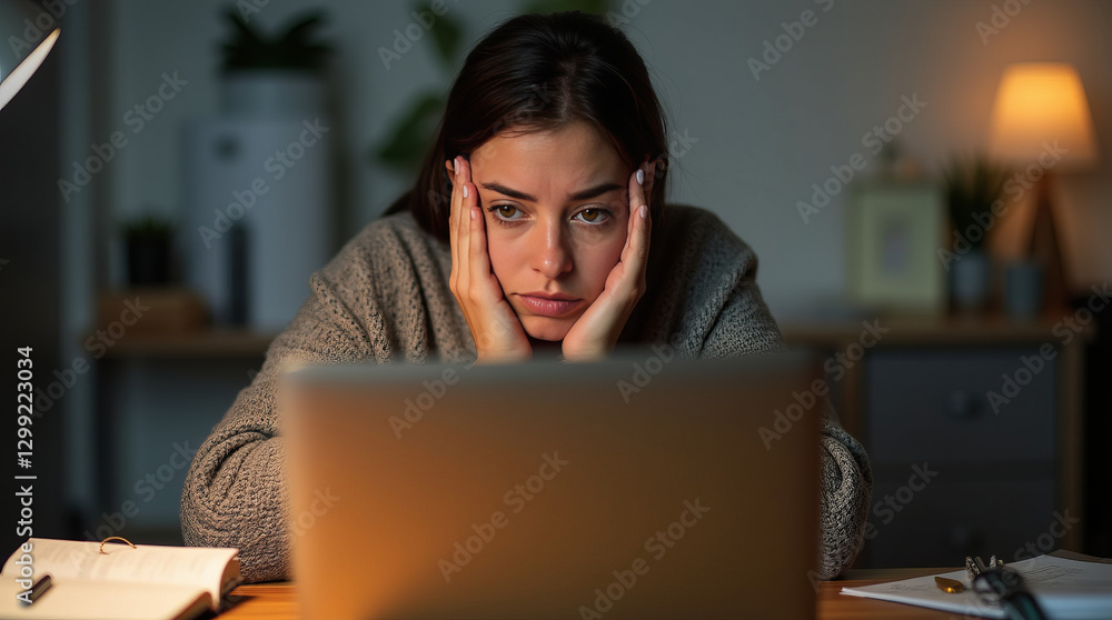 Young woman looking tired and stressed while working on her laptop at night. Cozy home setting with warm lighting, depicting work fatigue Concept burnout Young woman looking tired and stressed while working on her laptop at night. Cozy home setting with warm lighting, depicting work fatigue Concept burnout