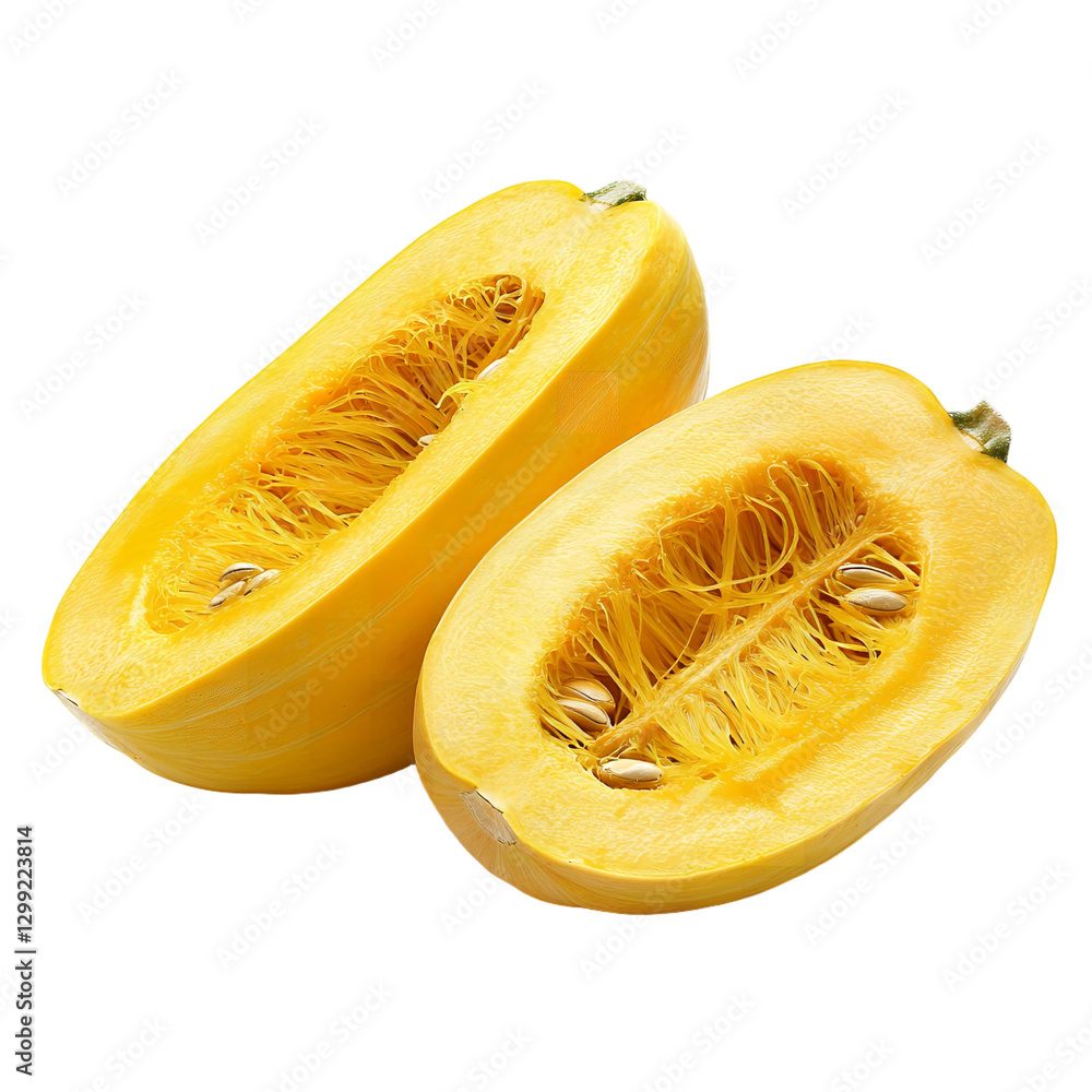 Two halves of fresh yellow spaghetti squash isolated transparent background ready for cooking Two halves of fresh yellow spaghetti squash isolated transparent background ready for cooking
