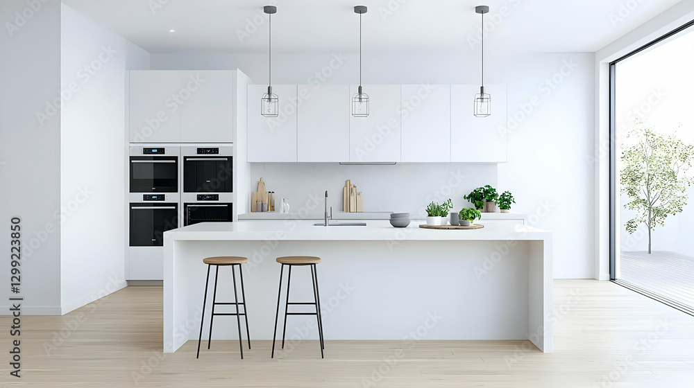 Modern White Kitchen Interior Design With Island Counter Stools and Bright Illumination Modern White Kitchen Interior Design With Island Counter Stools and Bright Illumination