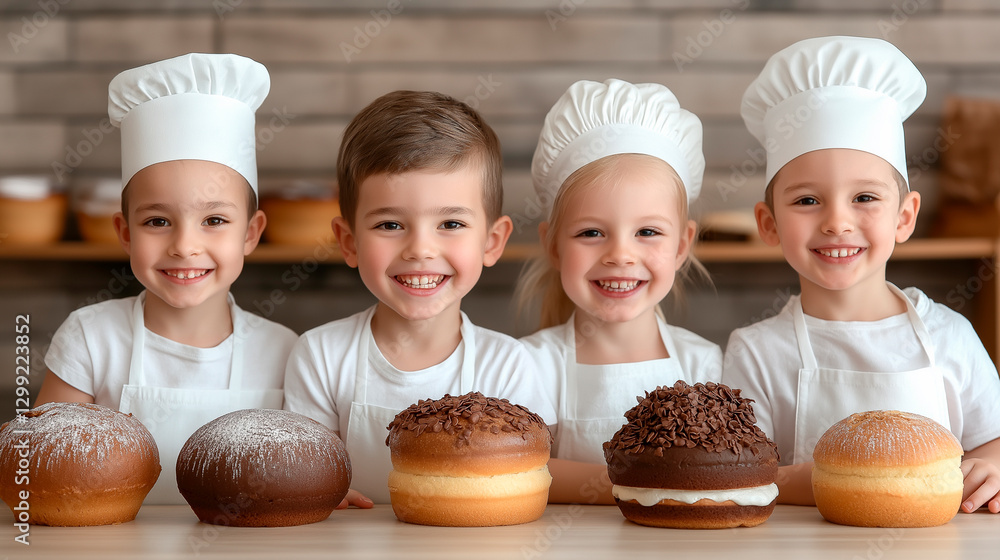 Happy kids in chef outfits standing in pastry workshop. Baking education, cake decoration, and teamwork highlight food creativity, sugar craftsmanship, and dedication to culinary excellence. Happy kids in chef outfits standing in pastry workshop. Baking education, cake decoration, and teamwork highlight food creativity, sugar craftsmanship, and dedication to culinary excellence.