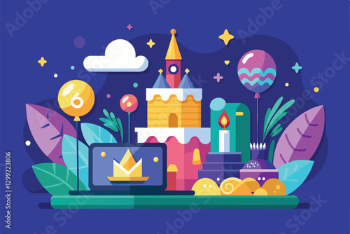 A vibrant illustration features a colorful castle, balloons, and decorations ideal for personalized online wishes, Online wishes Customizable Semi Flat Illustration