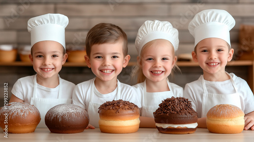 Happy kids in chef outfits standing in pastry workshop. Baking education, cake decoration, and teamwork highlight food creativity, sugar craftsmanship, and dedication to culinary excellence.