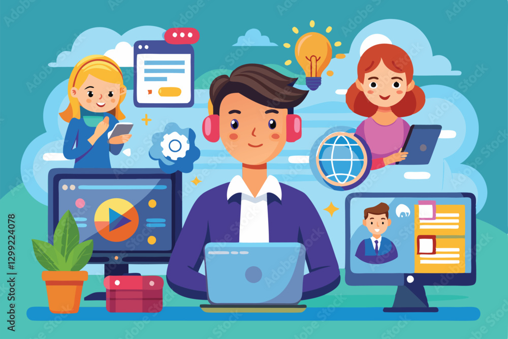 Three characters engage with technology while exchanging creative ideas in a colorful online setting, Online world Customizable Cartoon Illustration Three characters engage with technology while exchanging creative ideas in a colorful online setting, Online world Customizable Cartoon Illustration