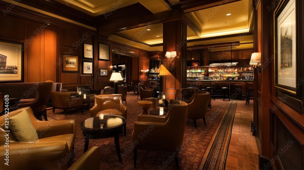 Fototapeta premium Luxurious hotel bar lounge with leather seating, artwork, and warm lighting