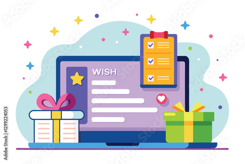 A colorful flat design showcases a customizable online wishlist with gifts and a checklist, Online wishes list Customizable Flat Illustration