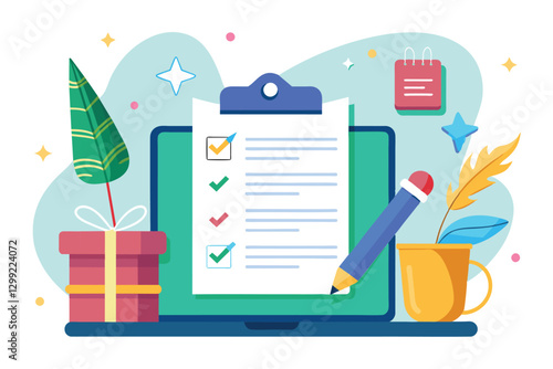 A customizable online wish list showcases a checklist on a laptop screen, surrounded by decorative plants and gifts, Online wishes list Customizable Semi Flat Illustration