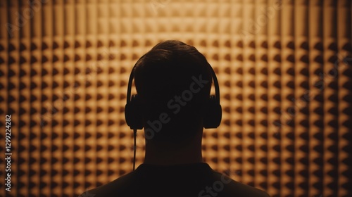 Back view of person listening to music in soundproof studio with headphones