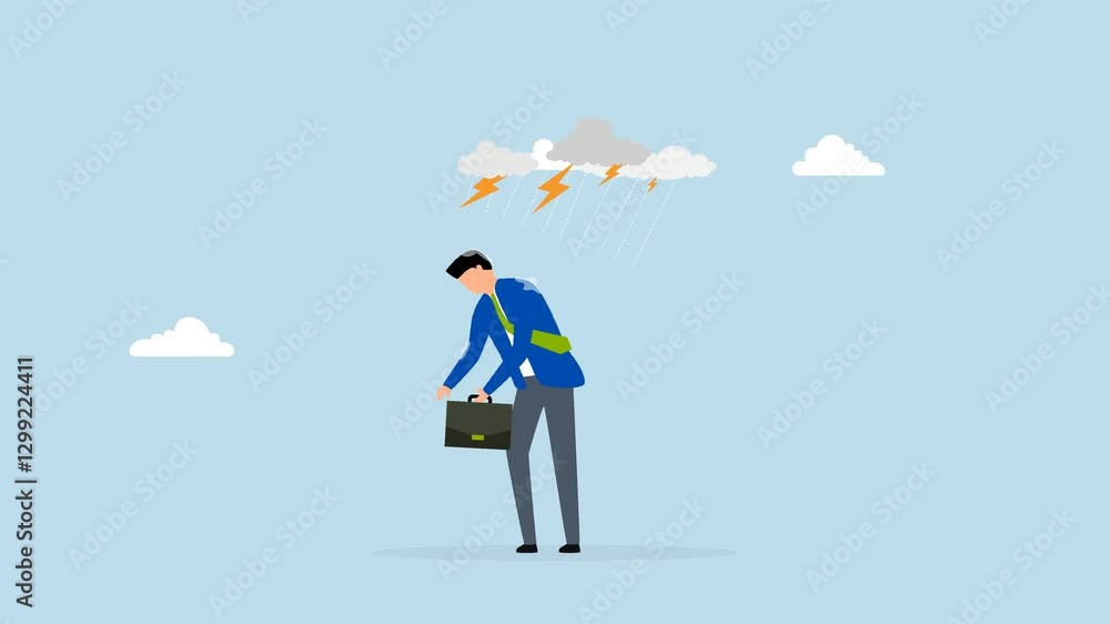 Having bad day, 4k animation of depressed wet businessman walking in raining thunderstorm. Having bad day, 4k animation of depressed wet businessman walking in raining thunderstorm.
