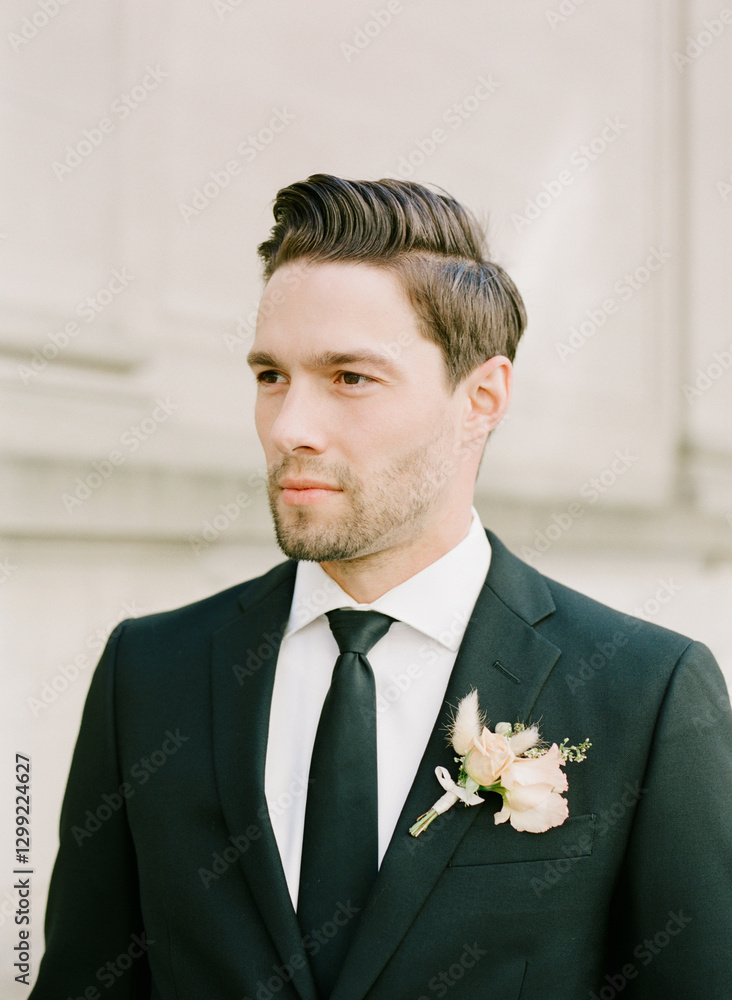 Elegant groom in formal suit with floral boutonniere stands outside at a wedding venue during daylight hours Elegant groom in formal suit with floral boutonniere stands outside at a wedding venue during daylight hours