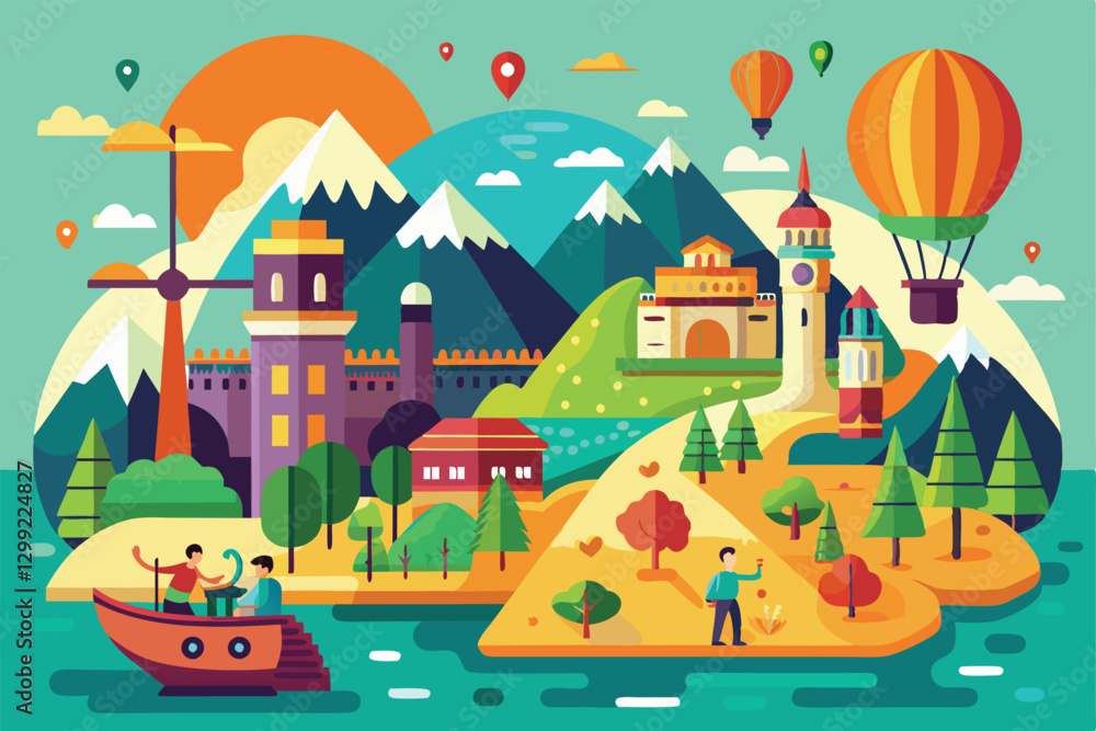 Naklejka premium A vibrant cartoon landscape showcases mountains, hot air balloons, and people enjoying outdoor activities, On the way Customizable Flat Illustration
