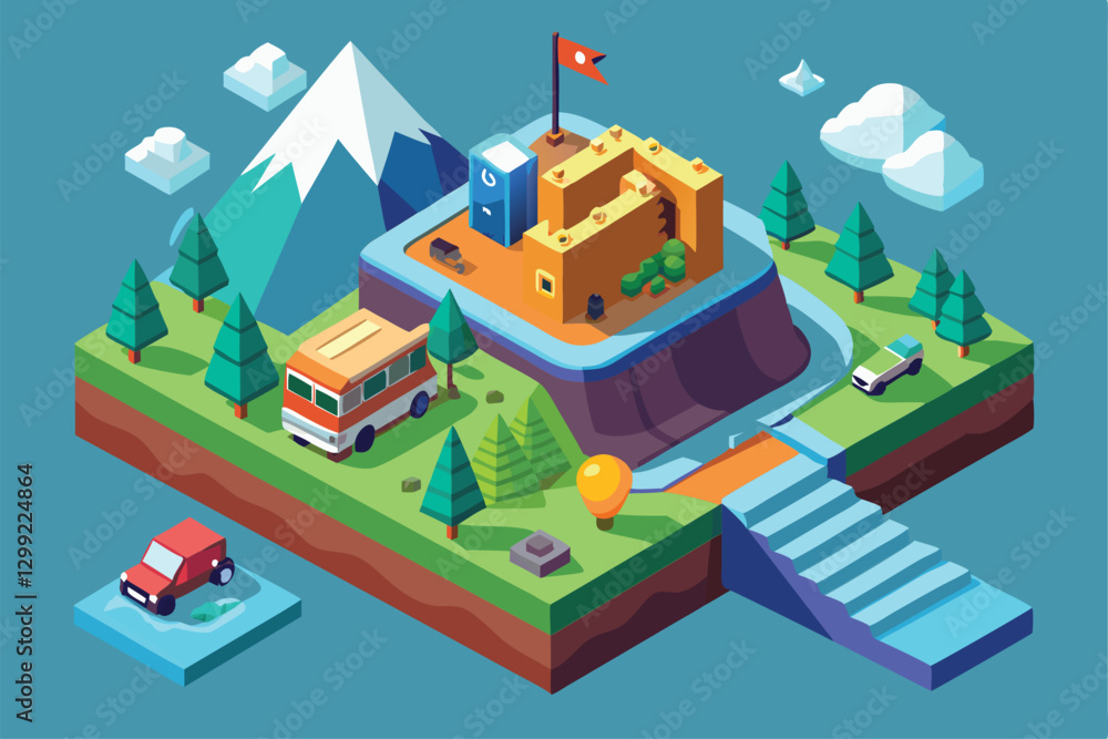 A vibrant isometric landscape featuring a fortress, vehicles, lush trees, and mountains under a clear sky, On the way Customizable Isometric Illustration A vibrant isometric landscape featuring a fortress, vehicles, lush trees, and mountains under a clear sky, On the way Customizable Isometric Illustration