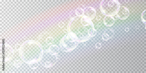 Colorful Soap Bubbles with Light Reflections on a Transparent Surface, Creating a Playful and Light Atmosphere