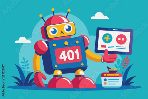 A quirky robot displays a 401 error message on a tablet in a bright, playful environment, Oops! 404 error with a broken robot Customizable Flat Illustration