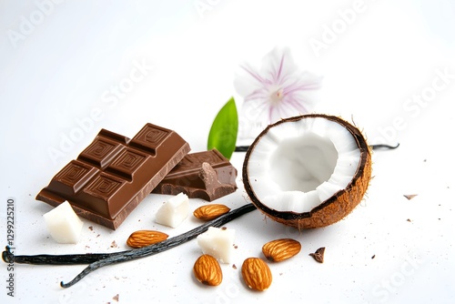 A composition of chocolate bars, fresh coconut, vanilla beans, almonds, and coconut cubes on a white background. The tropical and gourmet ingredients are arranged aesthetically 