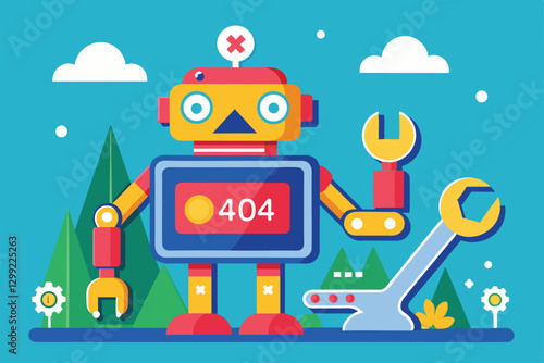 A colorful robot stands with tools in a vibrant outdoor landscape showing a 404 error, Oops! 404 error with a broken robot Customizable Flat Illustration