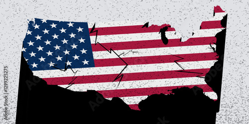 Map of America U.S. cracks, breaks symbol of division of society, civil war, crisis in the USA .Protests and the danger of dictatorship, political crisis, collapse, chaos of elections, division 