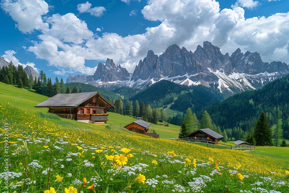 Fototapeta premium Beautiful summer landscape with meadow and mountain peaks.