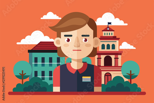 A young character stands against a vibrant urban backdrop featuring buildings and trees, showcasing a friendly look, Oops! Customizable Semi Flat Illustration