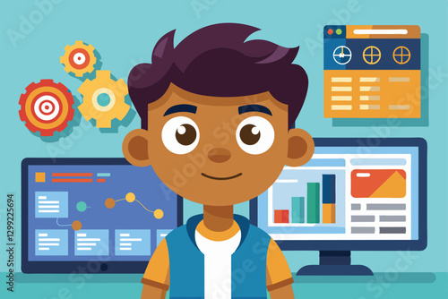 A cartoon character stands in front of computer screens, exploring data analytics and digital tools, Open source Customizable Cartoon Illustration