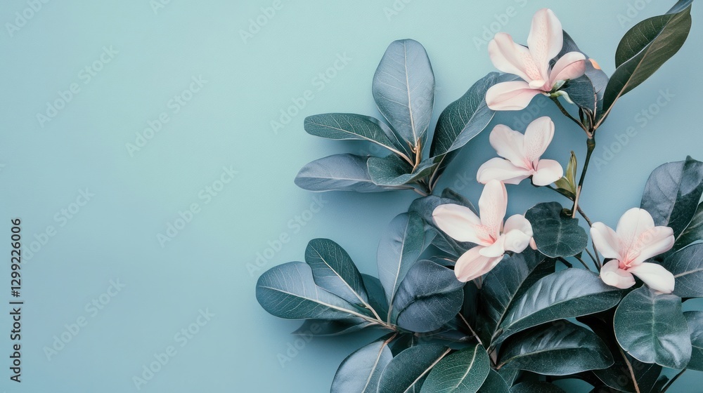 Fototapeta premium Pastel magnolia blossoms and leaves on a light blue background