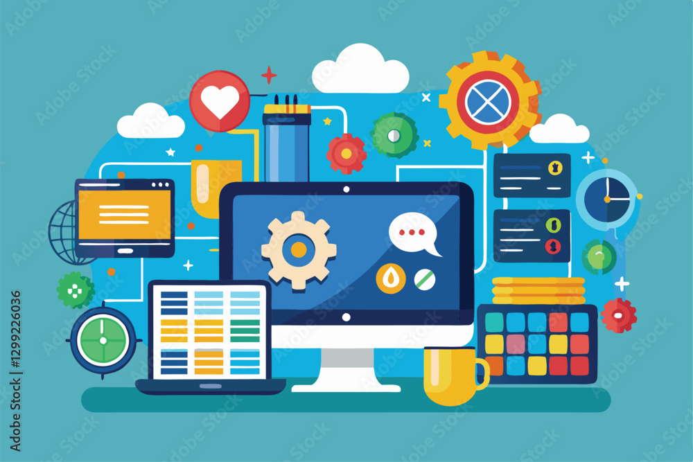 This illustration showcases a vibrant customizable operating system with various digital tools and icons, Operating system Customizable Flat Illustration This illustration showcases a vibrant customizable operating system with various digital tools and icons, Operating system Customizable Flat Illustration
