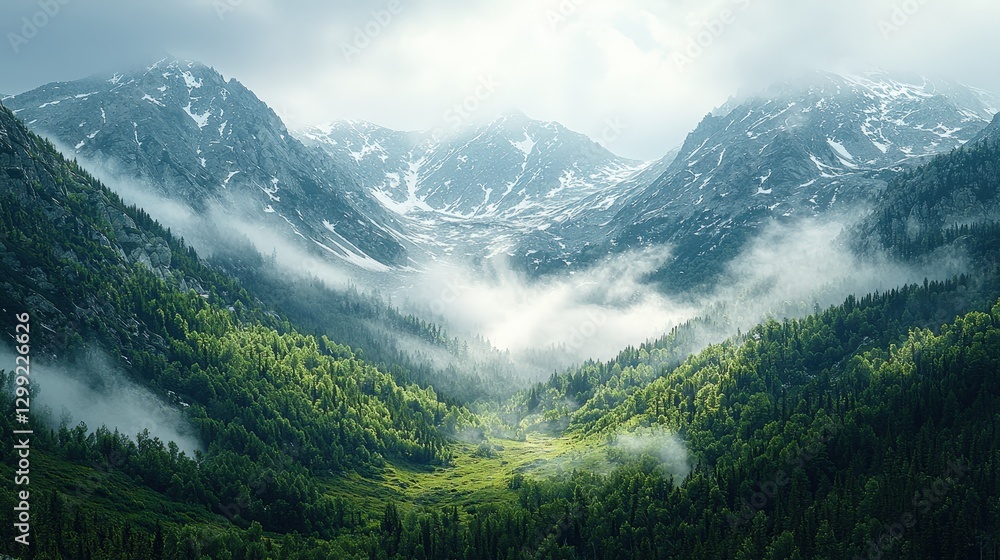 Obraz premium Tranquil mountain valley with mist and snow-capped peaks in serene nature landscape