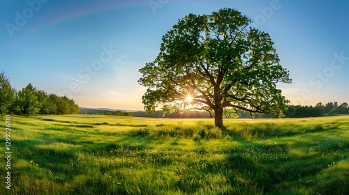 Lonely tree in the meadow at sunset. Summer landscape