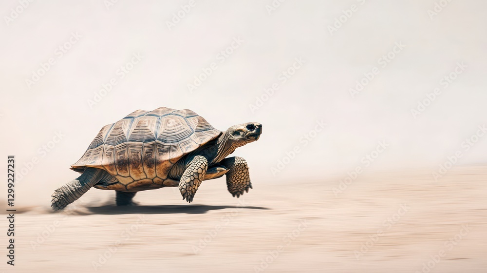Obraz premium A side-angle shot of a tortoise walking across the sand, isolated on a white backdrop