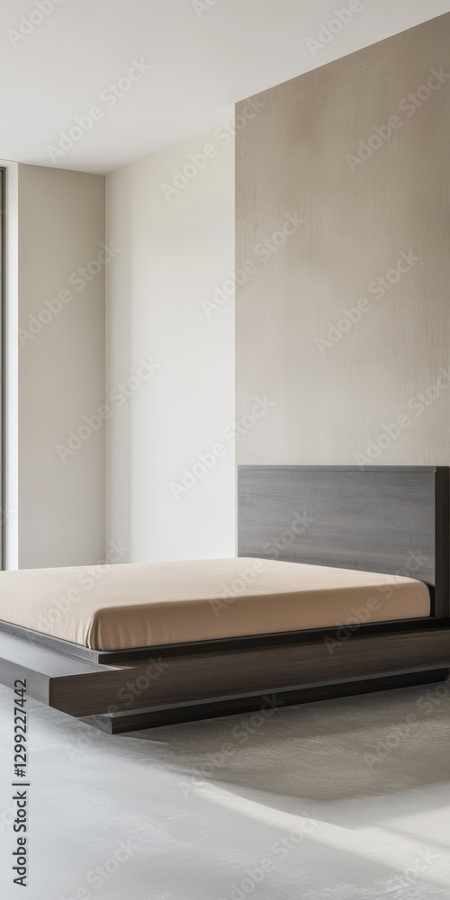 Modern minimalist bedroom with a wooden platform bed and neutral tones Modern minimalist bedroom with a wooden platform bed and neutral tones