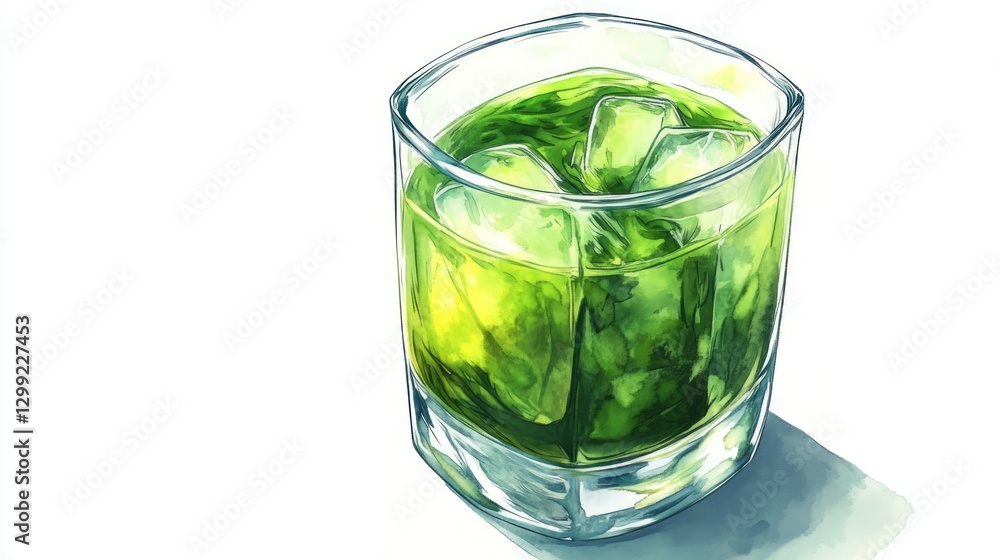 Iced green tea drink in glass, white background Iced green tea drink in glass, white background