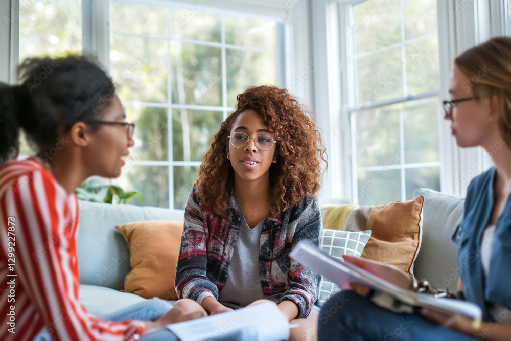 Three Women Engaged in a Discussion While Holding Paper Documents. Three Women Engaged in a Discussion While Holding Paper Documents.