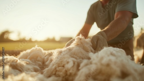 Shepherd preparing raw wool in sunlit pasture - natural fiber processing