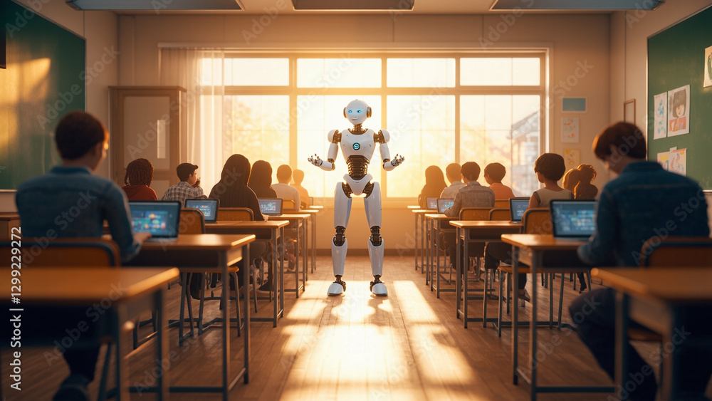 Students engaged in learning with a humanoid robot teacher inside a modern classroom during daylight hours Students engaged in learning with a humanoid robot teacher inside a modern classroom during daylight hours